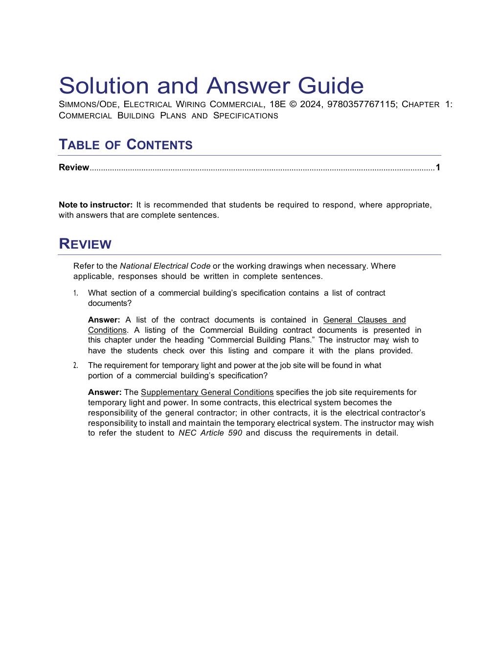 Preview page 4 of Solution and Answer Guide for Electrical  Wiring Commercial, 18th Edition by Phil  Simmons, -Excel in Your Exams with th