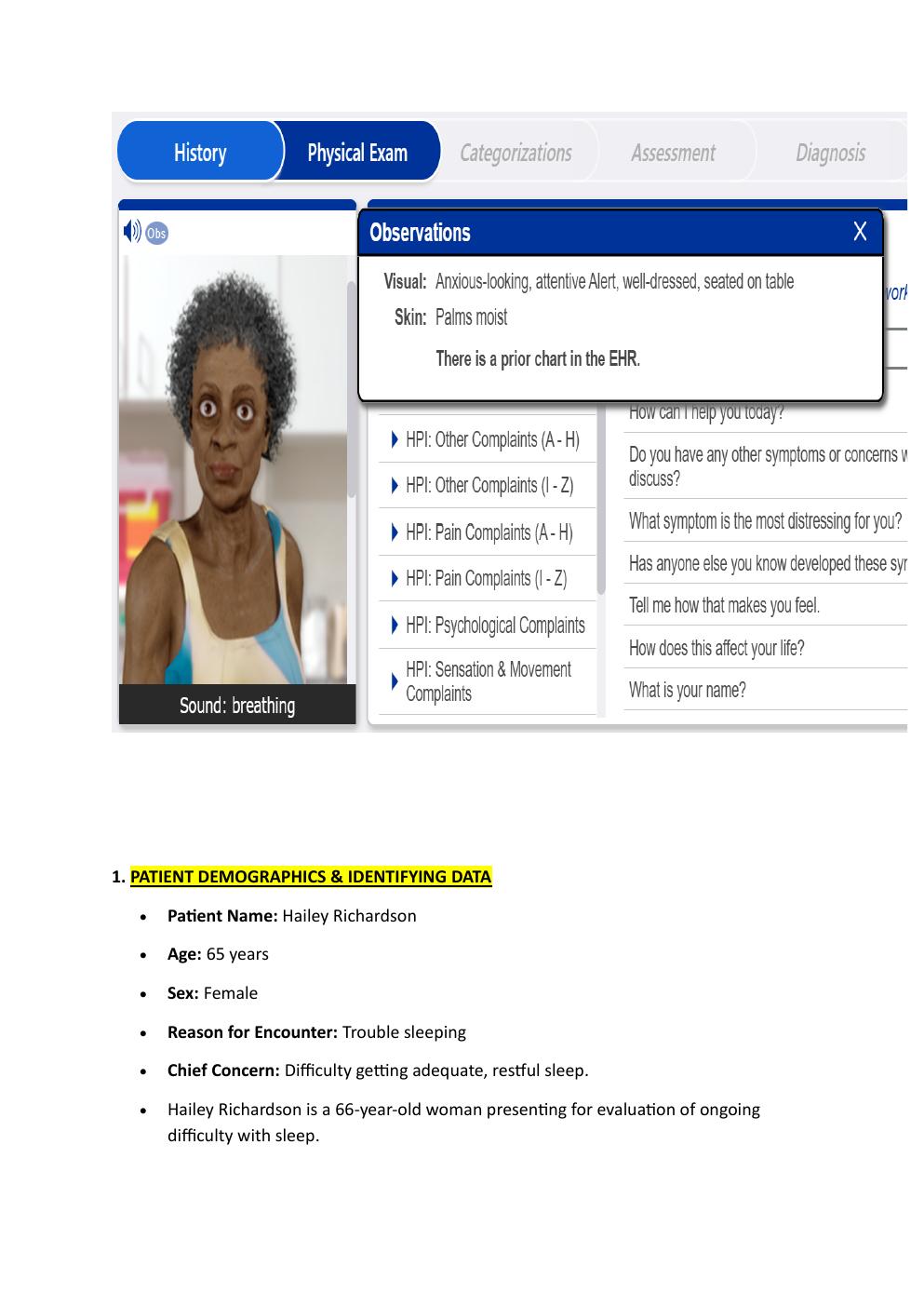 Preview page 2 of Comprehensive i-Human Case  Study. 65-Year-Old Hailey  Richardson, Reason for  Encounter: Trouble Sleeping.  Exam Study