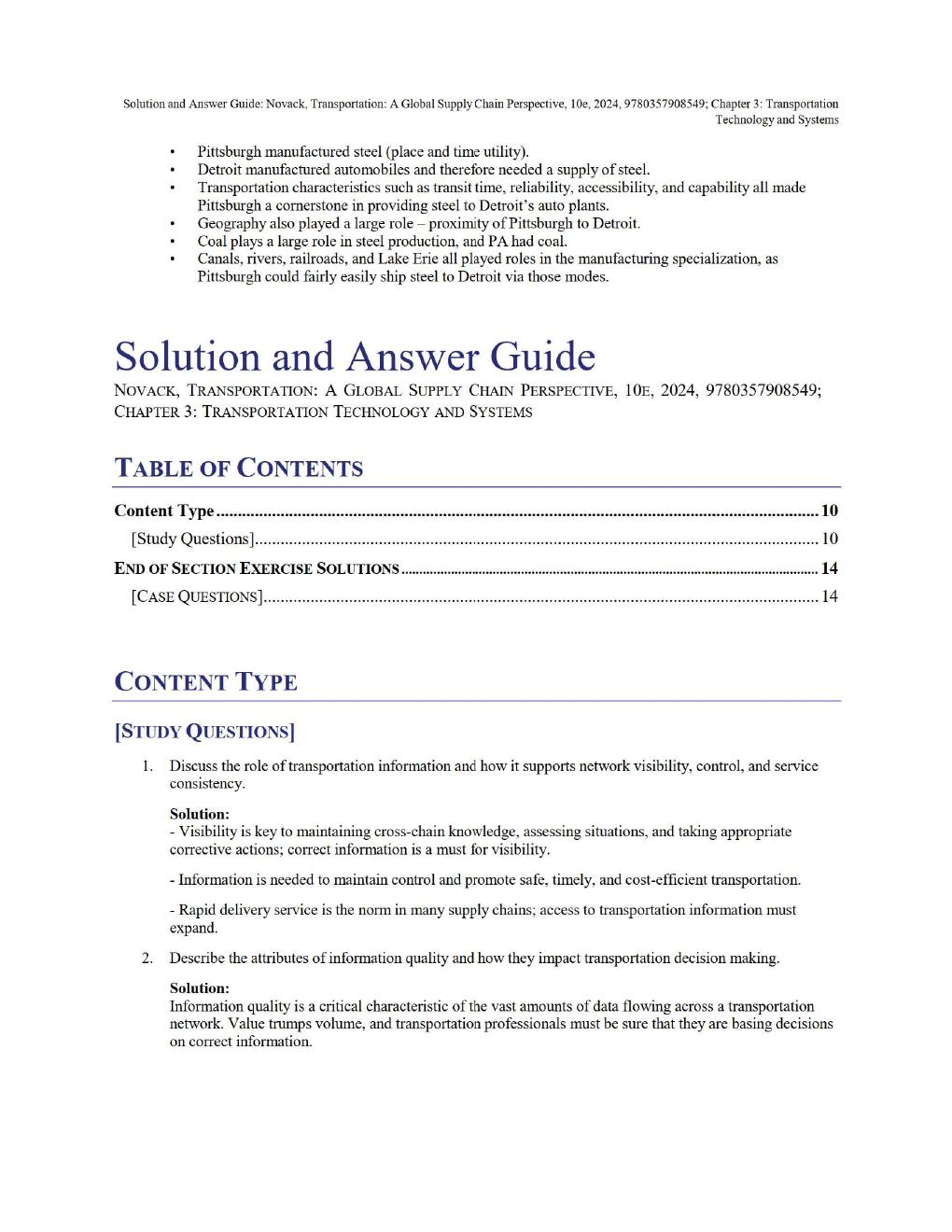 Preview page 10 of Solution and Answer Transportation A Global Supply Chain Perspective, 10th Edition By Robert A. NovackBrian Gibson Chapt