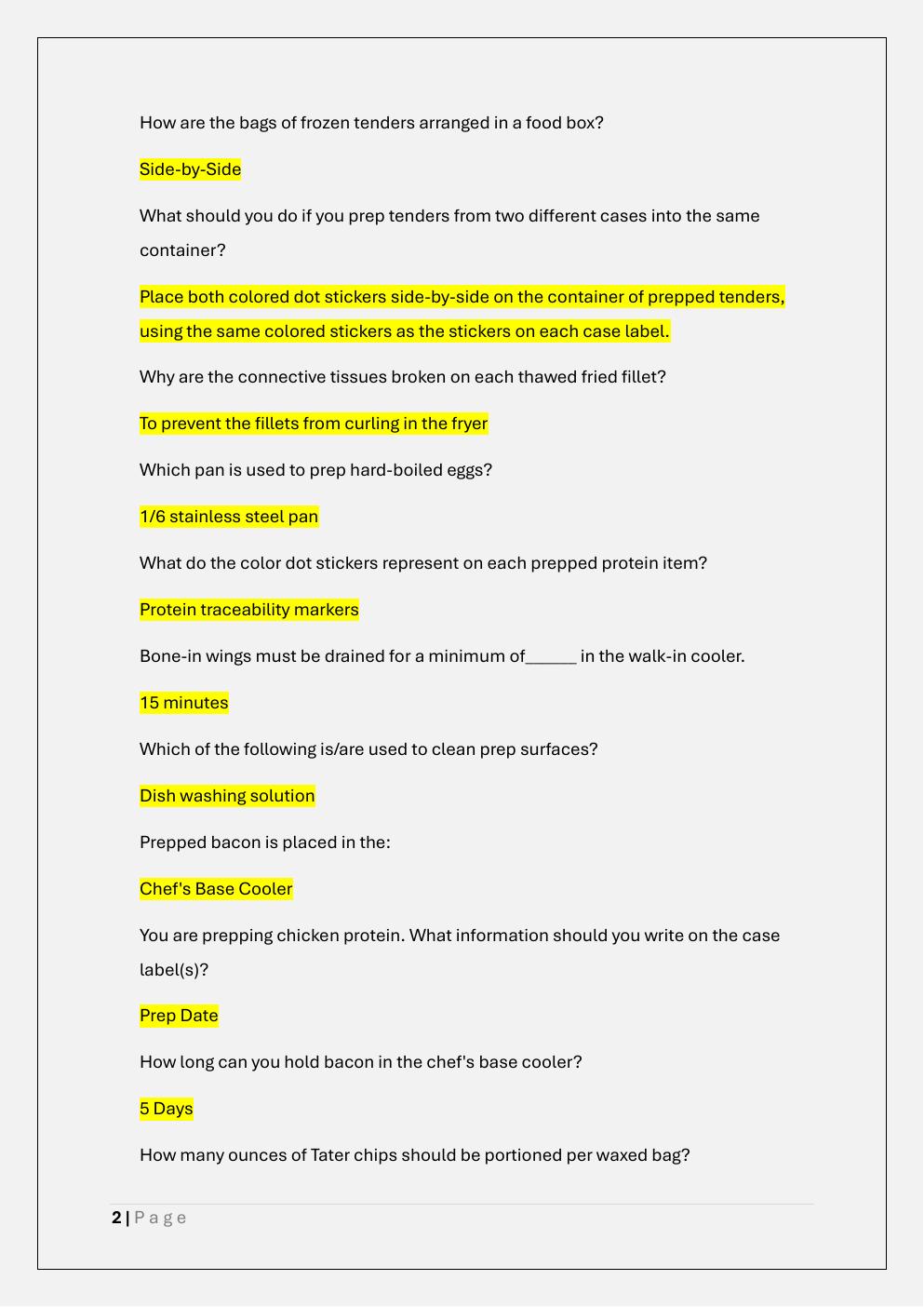 Preview page 2 of ZAXBY'S CERTIFICATION EXAM – BOH AND  FOH  COMBINED