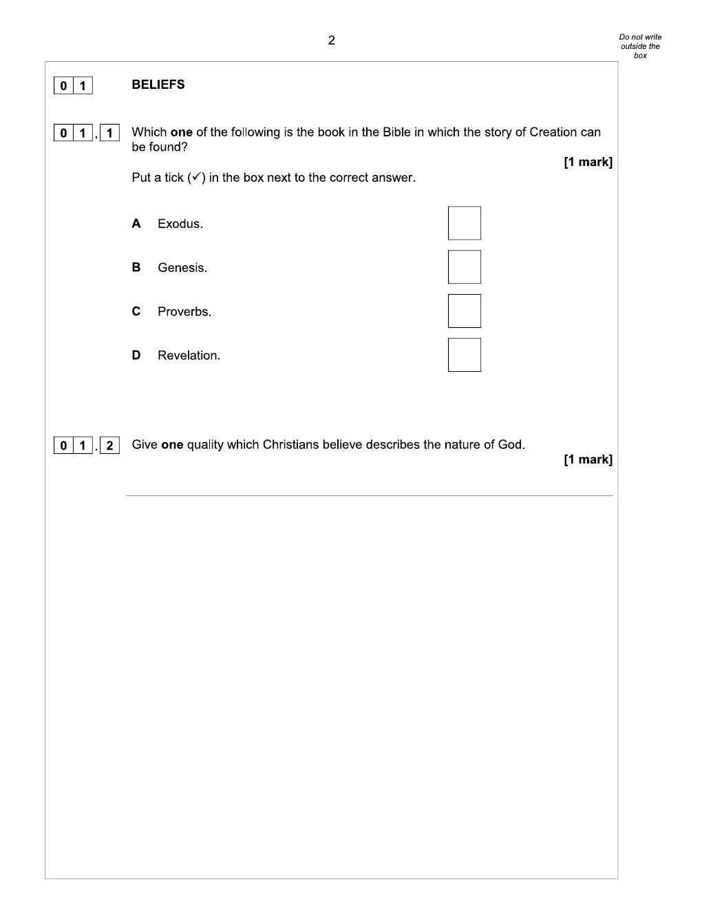 Preview page 2 of AQA GCSE Religious Studies A Paper 1: Christianity – Sample Assessment Materials with Practice Questions and Answers (Fi