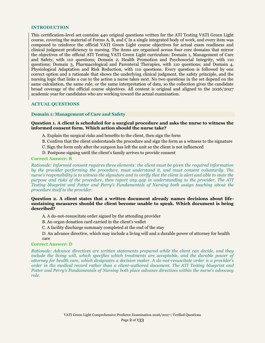 Preview page 2 of VATI Green Light Comprehensive Predictor Examination | ATI Testing | Academic Year 2026/2027 | Comprehensive Predictor E