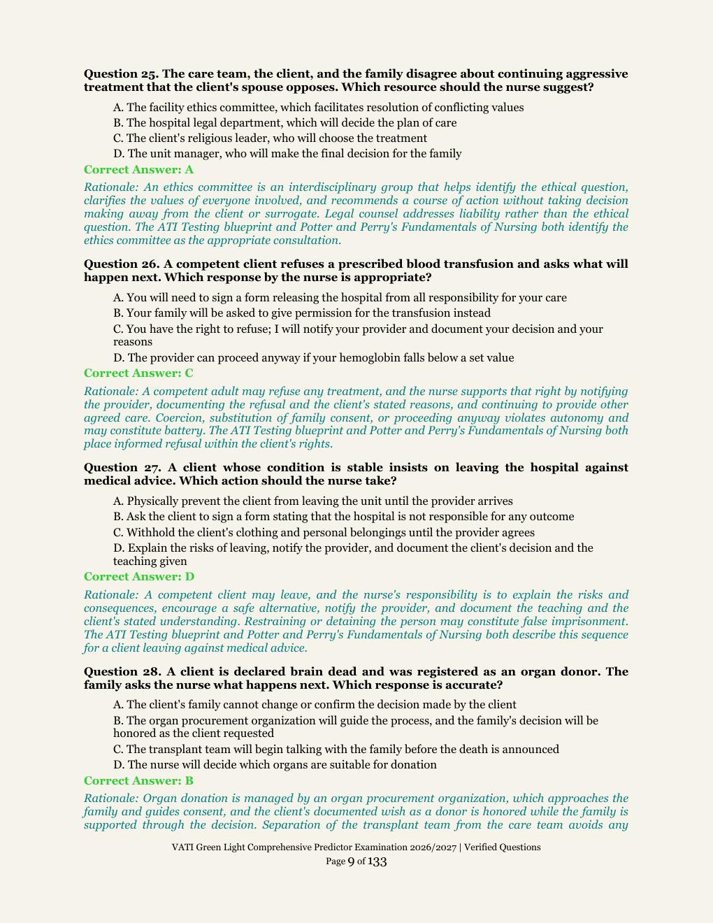 Preview page 9 of VATI Green Light Comprehensive Predictor Examination | ATI Testing | Academic Year 2026/2027 | Comprehensive Predictor E