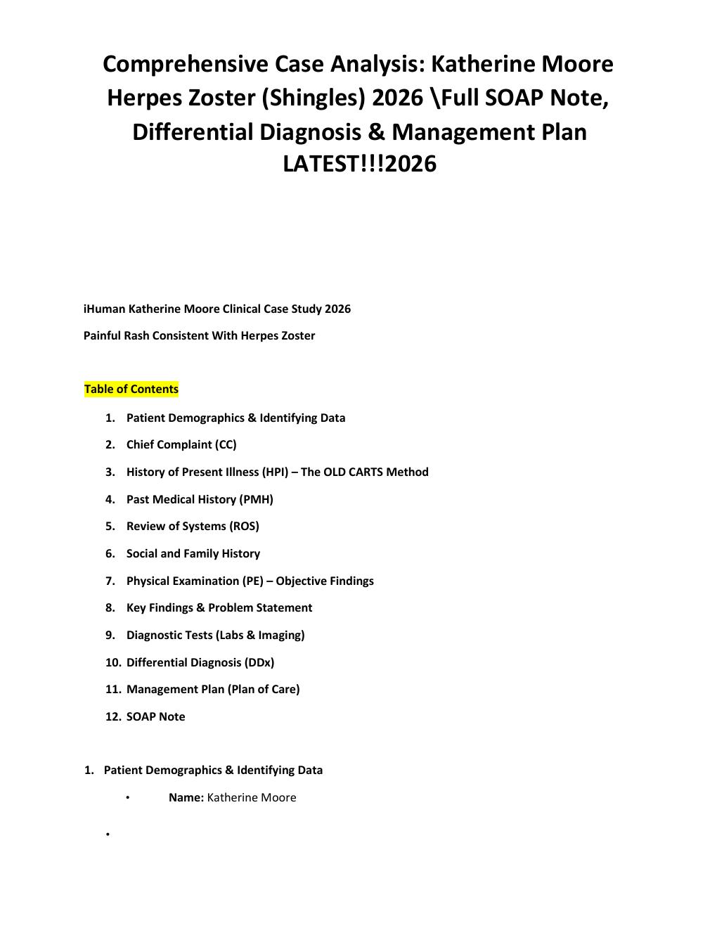 Preview page 2 of Comprehensive Case Analysis: Katherine Moore Herpes Zoster (Shingles) 2026 \Full SOAP Note, Differential Diagnosis & Man