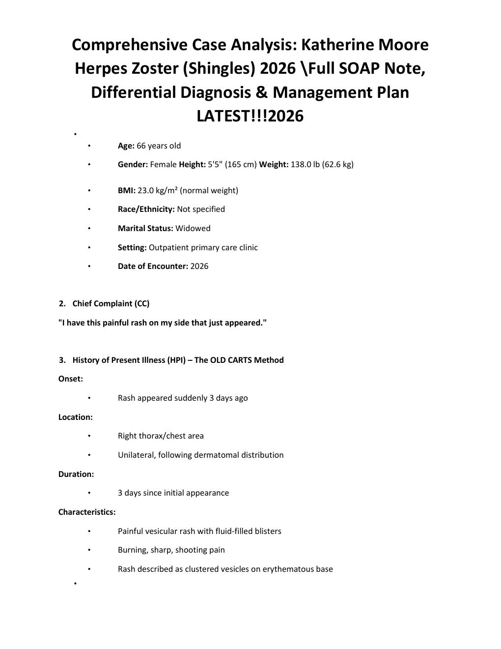 Preview page 3 of Comprehensive Case Analysis: Katherine Moore Herpes Zoster (Shingles) 2026 \Full SOAP Note, Differential Diagnosis & Man