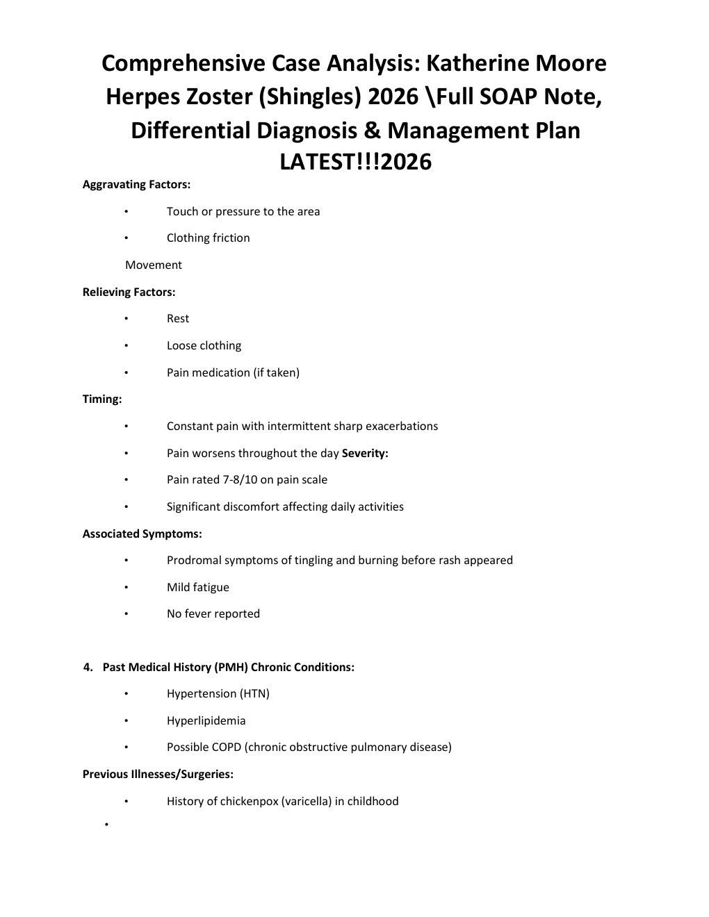 Preview page 4 of Comprehensive Case Analysis: Katherine Moore Herpes Zoster (Shingles) 2026 \Full SOAP Note, Differential Diagnosis & Man