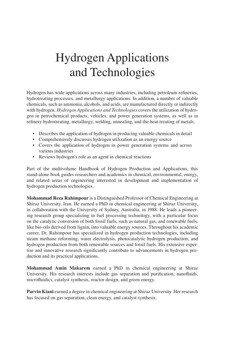 Preview page 2 of eBook  Accessibility symbol Accessibility Information Book  Hydrogen Applications and Technologies 1st Edition By Mohamm