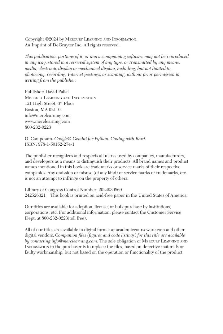 Preview page 5 of Google Gemini for Python Coding with Bard 1st Edition By Oswald Campesato ISBN: 978-1501522741