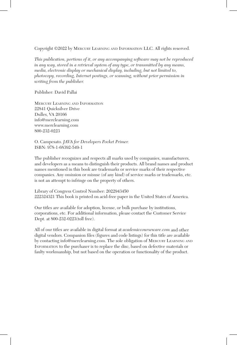 Preview page 5 of Java for Developers Pocket Primer By Oswald Campesato ISBN: 978-1683925484