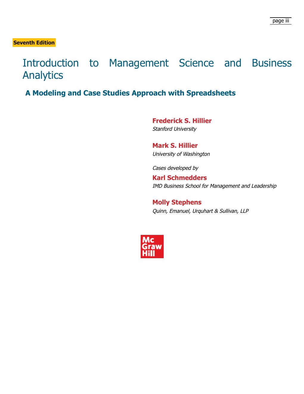 Preview page 2 of Introduction to Management Science and Business Analytics 7th Edition By FREDERICK. HILLIER (MARK.), Frederick S. Hillie