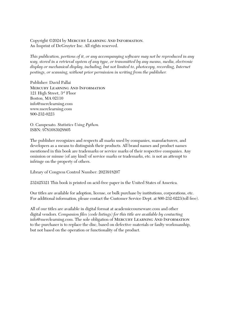 Preview page 5 of Statistics Using Python 1st Edition By Oswald Campesato ISBN: 9781683928805