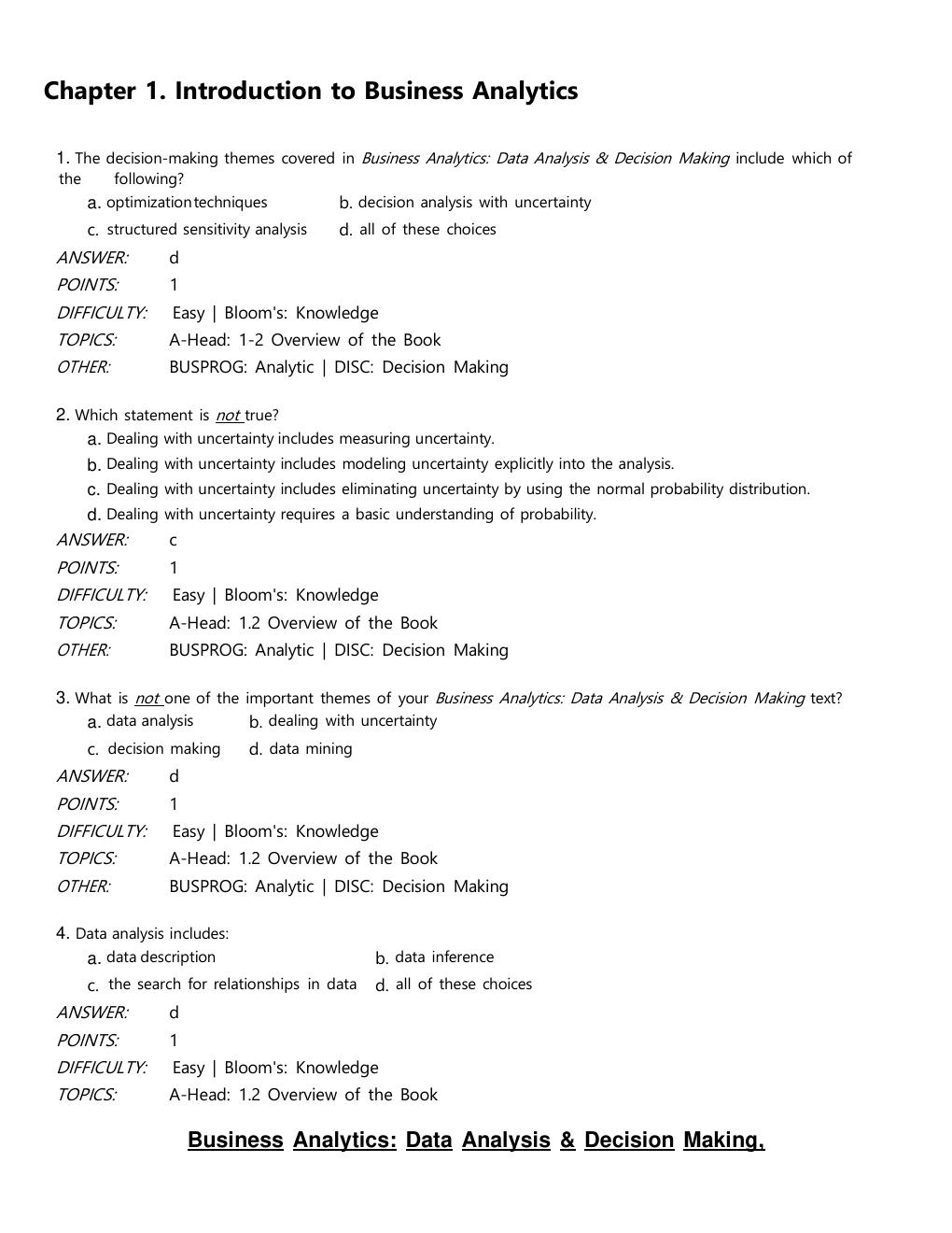 Preview page 2 of TEST BANK Business Analytics: Data Analysis & Decision Making, 7th Edition By S. Christian Albright, Wayne L. Winston Ve