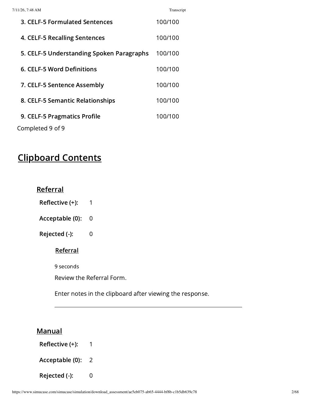 Preview page 2 of Sim Virtual Patient: JJ- CELF-5 Part-Task Trainer (SLP) | Assessment Transcript: Competency Score 100%.