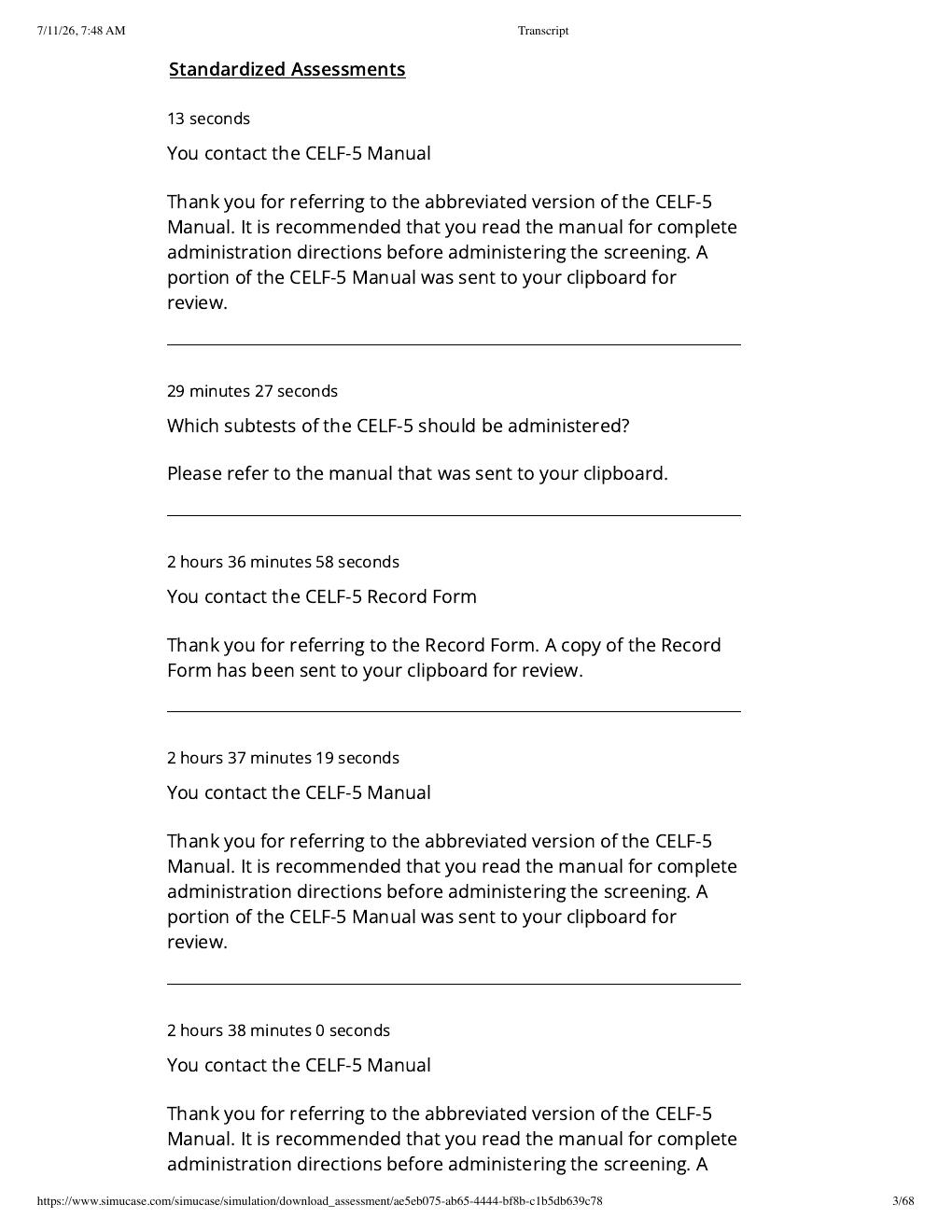 Preview page 3 of Sim Virtual Patient: JJ- CELF-5 Part-Task Trainer (SLP) | Assessment Transcript: Competency Score 100%.