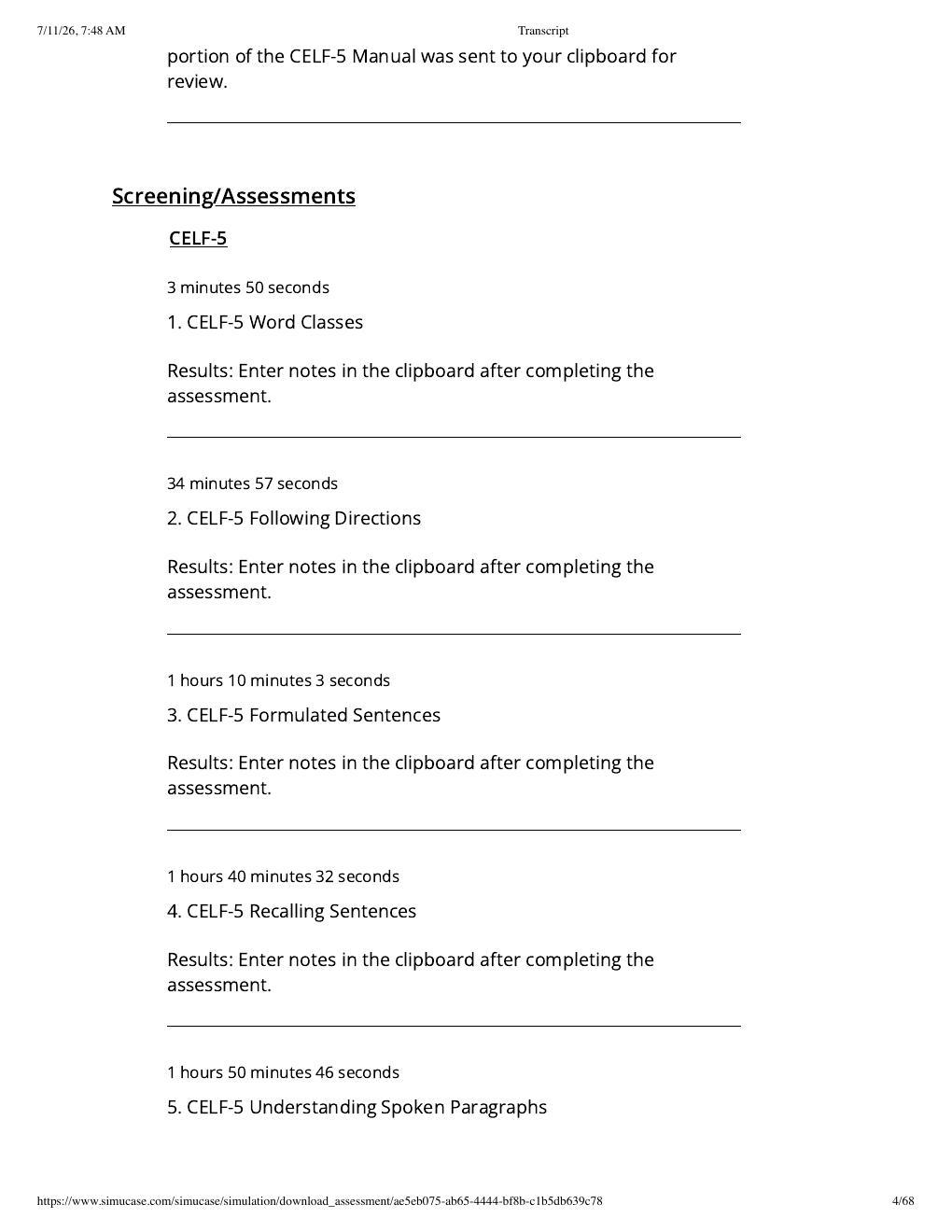Preview page 4 of Sim Virtual Patient: JJ- CELF-5 Part-Task Trainer (SLP) | Assessment Transcript: Competency Score 100%.