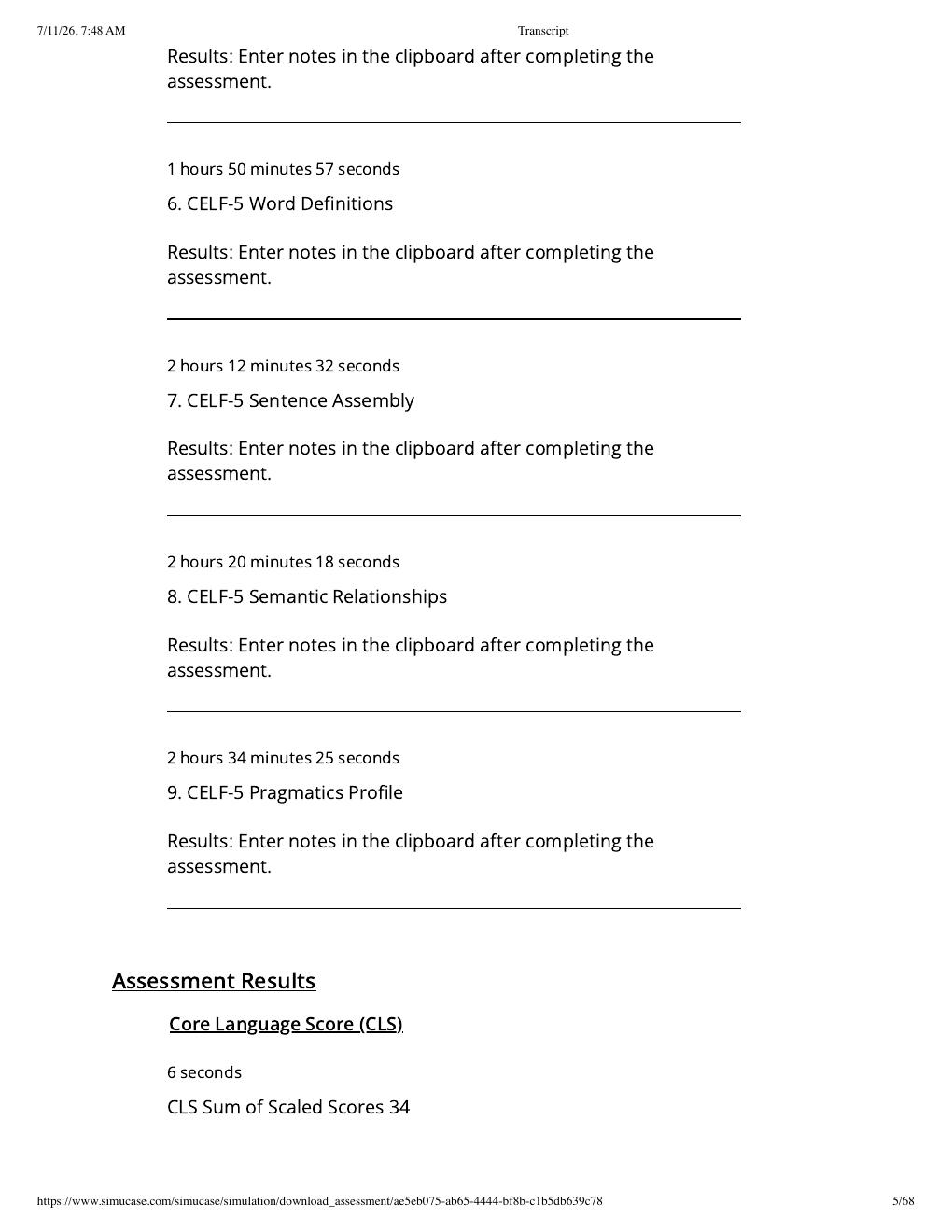 Preview page 5 of Sim Virtual Patient: JJ- CELF-5 Part-Task Trainer (SLP) | Assessment Transcript: Competency Score 100%.