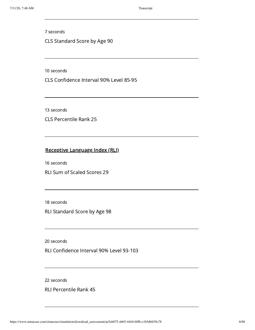 Preview page 6 of Sim Virtual Patient: JJ- CELF-5 Part-Task Trainer (SLP) | Assessment Transcript: Competency Score 100%.