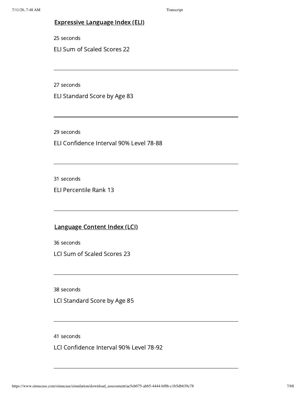 Preview page 7 of Sim Virtual Patient: JJ- CELF-5 Part-Task Trainer (SLP) | Assessment Transcript: Competency Score 100%.