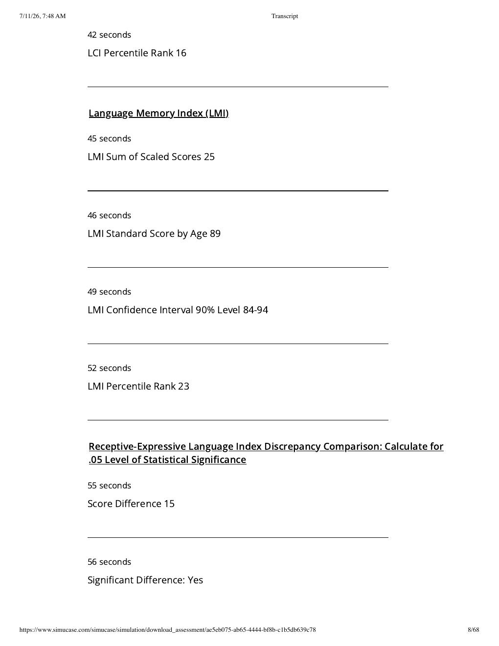Preview page 8 of Sim Virtual Patient: JJ- CELF-5 Part-Task Trainer (SLP) | Assessment Transcript: Competency Score 100%.