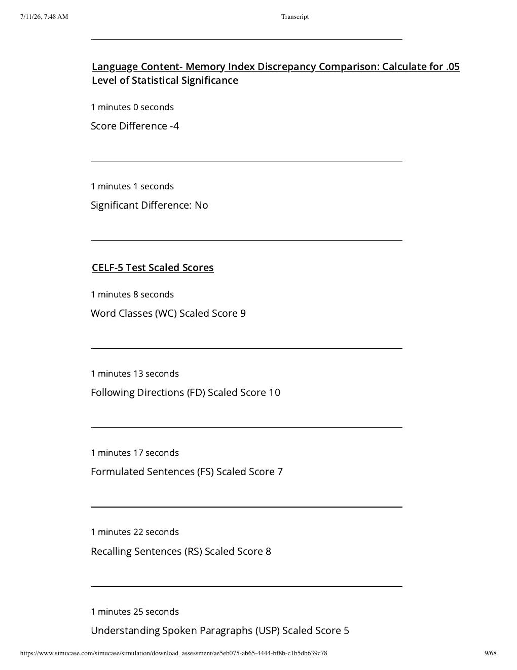Preview page 9 of Sim Virtual Patient: JJ- CELF-5 Part-Task Trainer (SLP) | Assessment Transcript: Competency Score 100%.