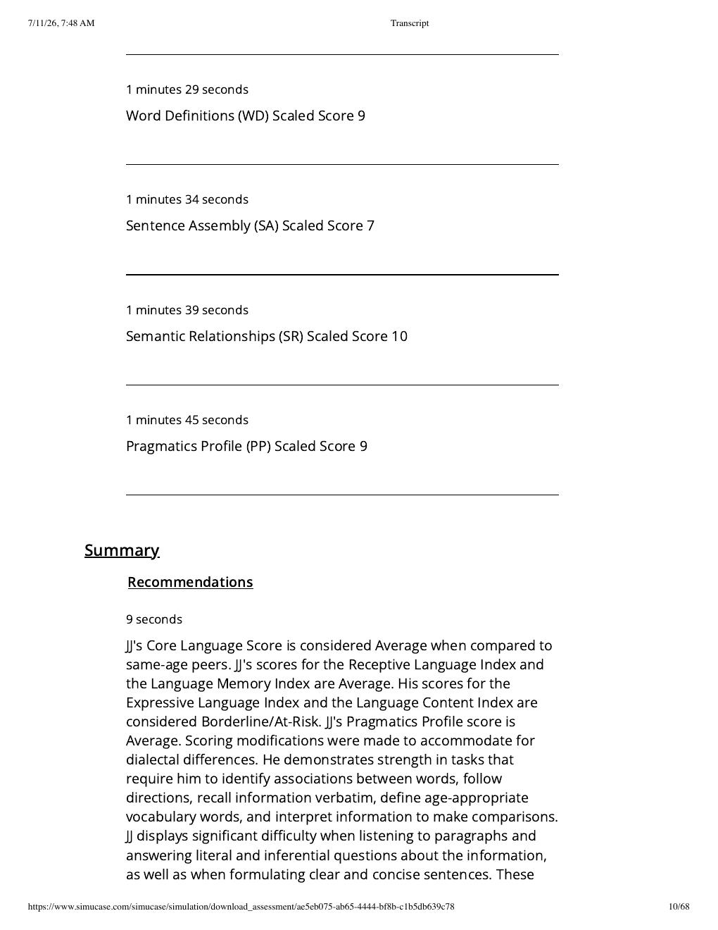 Preview page 10 of Sim Virtual Patient: JJ- CELF-5 Part-Task Trainer (SLP) | Assessment Transcript: Competency Score 100%.