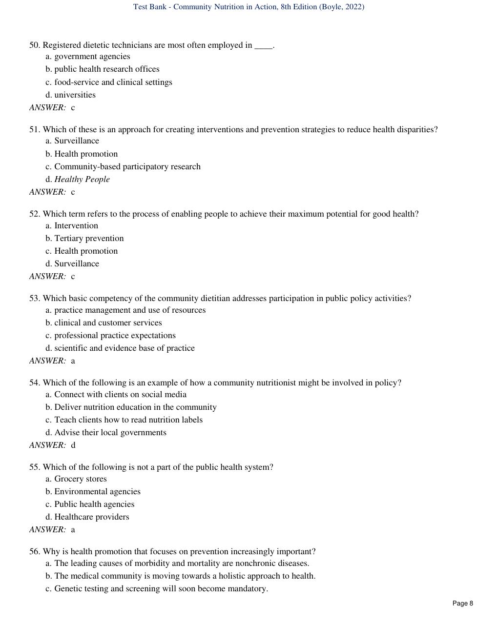 Preview page 10 of Test Bank - Community Nutrition in Action, 8th Edition
