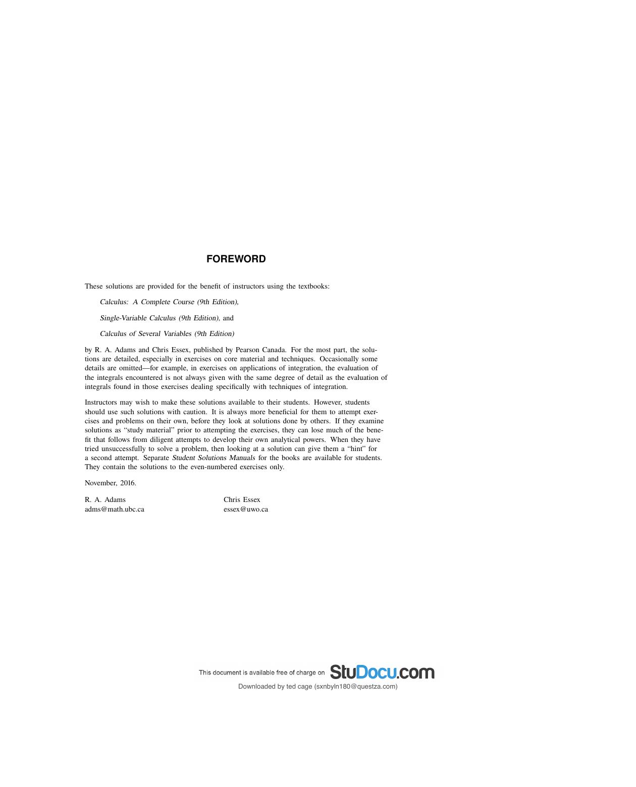 Preview page 2 of INSTRUCTOR’S SOLUTIONS MANUAL Calculus Ninth Edition Robert A. Adams, Christopher Essex