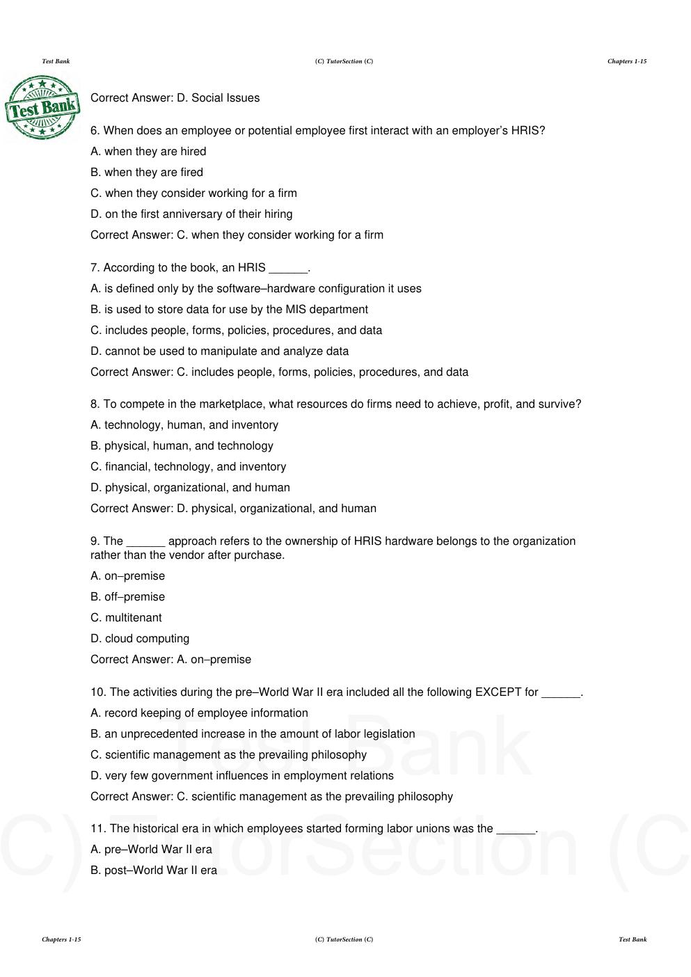 Preview page 2 of Test Bank for Human Resource Information Systems Basics, Applications, and Future Directions 6th Edition By Richard John