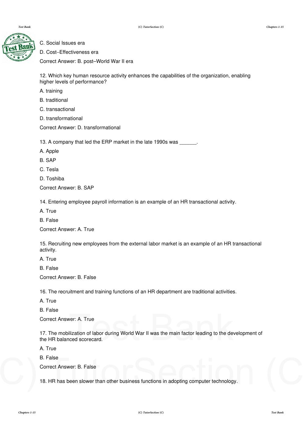 Preview page 3 of Test Bank for Human Resource Information Systems Basics, Applications, and Future Directions 6th Edition By Richard John