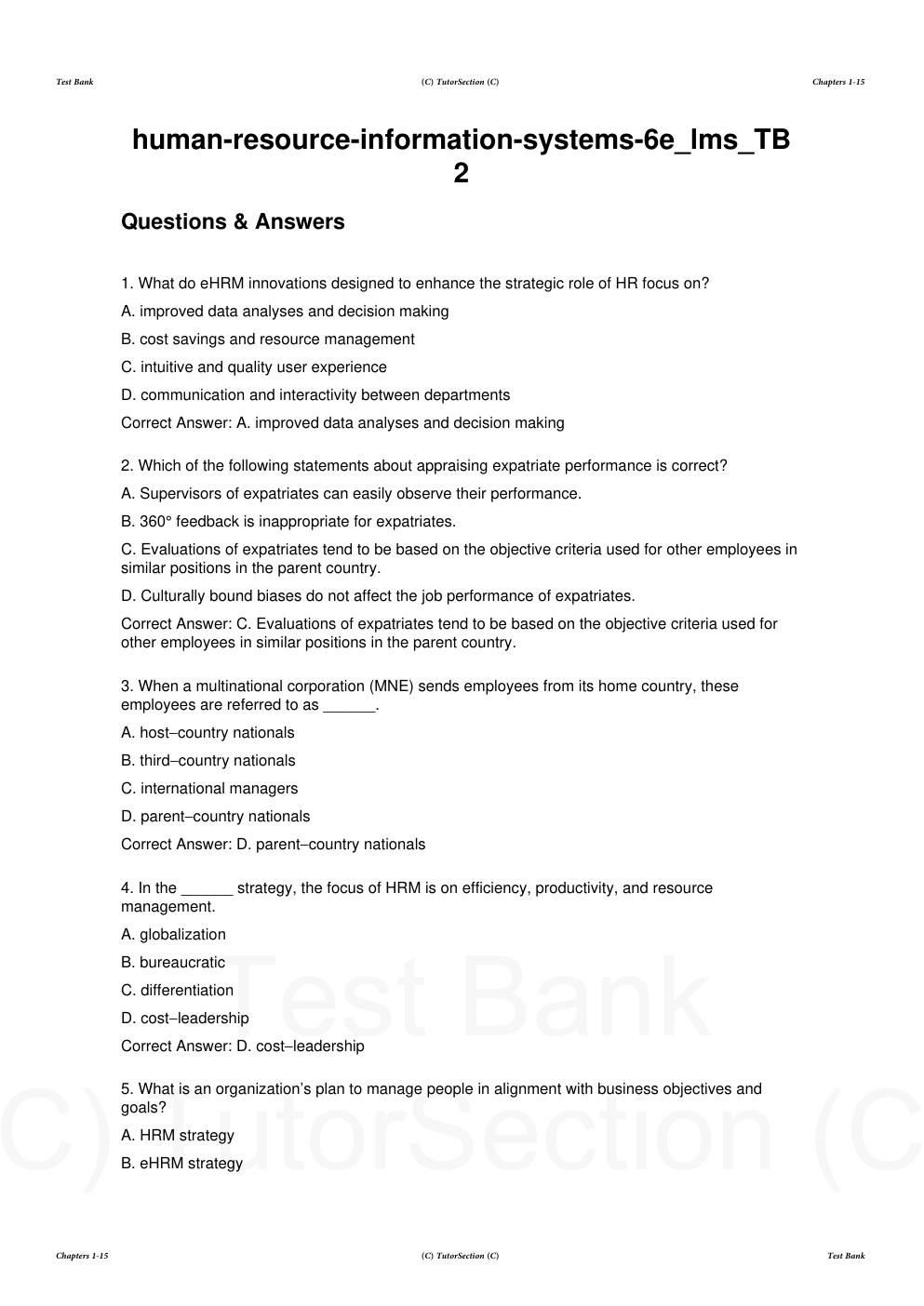 Preview page 7 of Test Bank for Human Resource Information Systems Basics, Applications, and Future Directions 6th Edition By Richard John