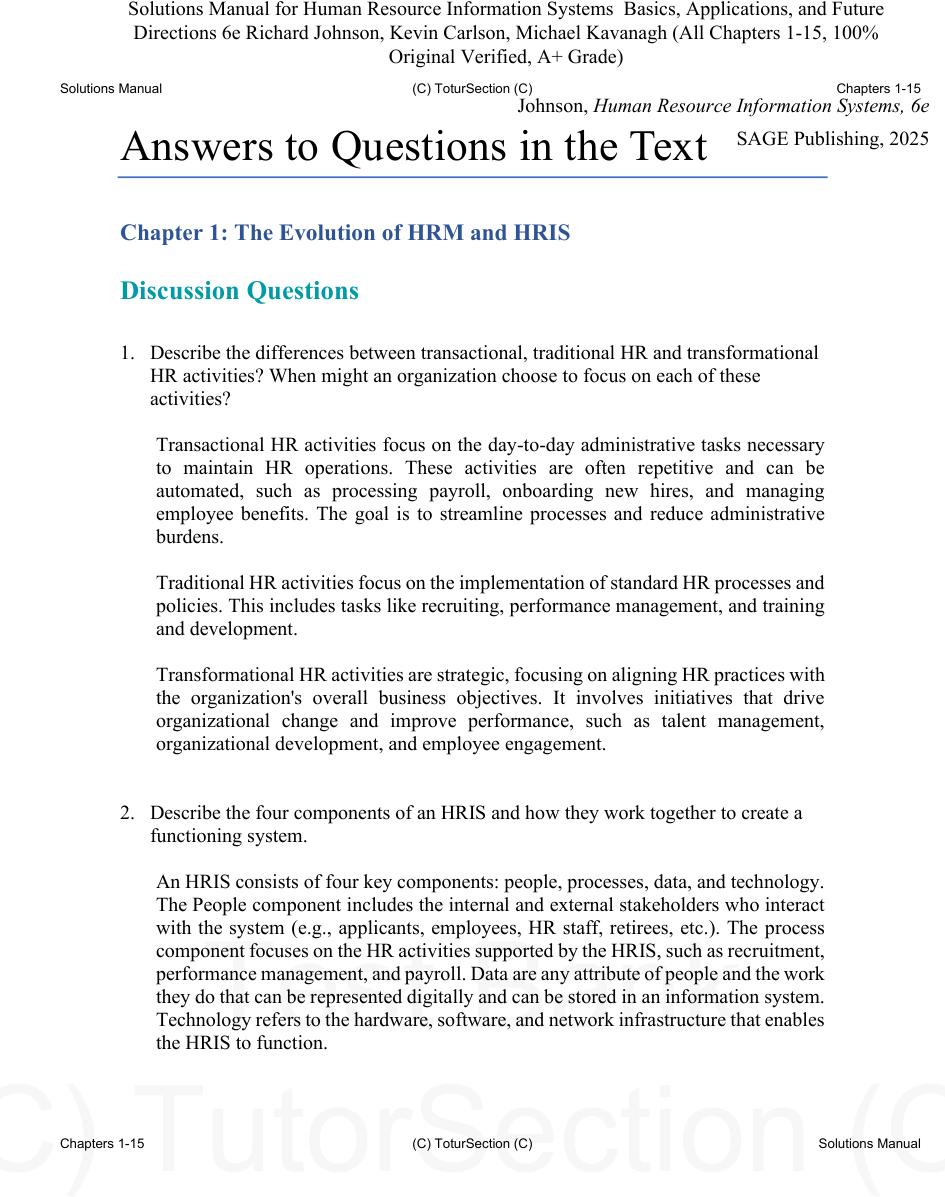 Preview page 2 of Solutions Manual for Human Resource Information Systems Basics, Applications, and Future Directions 6th Edition By Richa