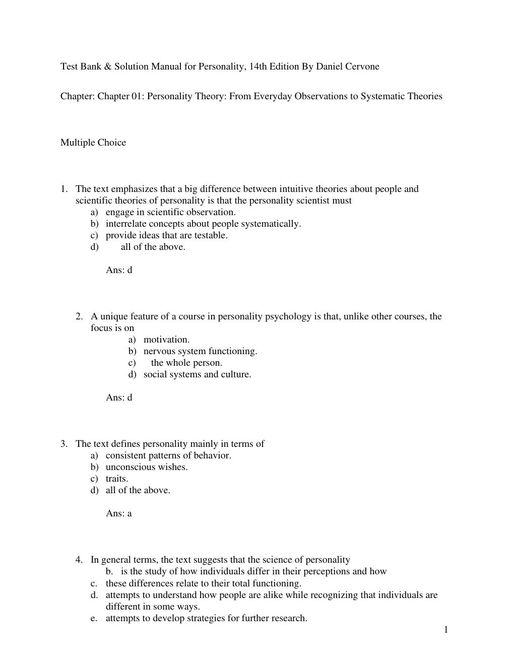 Preview page 2 of Test Bank & Solution Manual for Personality, 14th Edition By Daniel Cervone Chapter: Chapter 01: Personality Theory: Fro