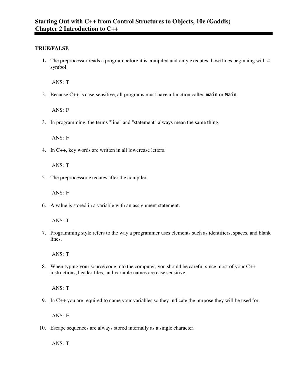 Preview page 10 of Test Bank & Solution Manual for Starting Out with C++ from Control Structures to Objects, 10th Edition By Tony Gaddis
