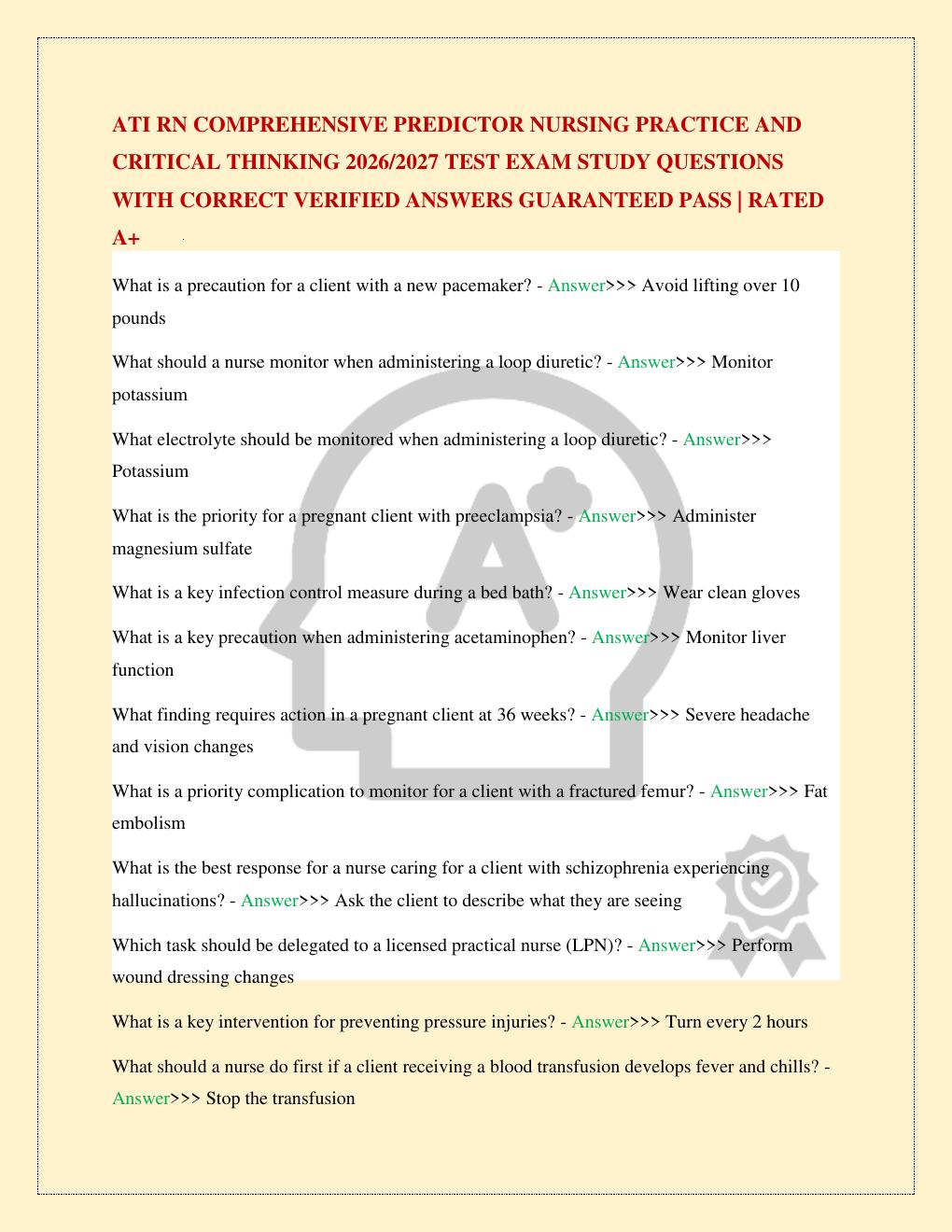 Preview page 2 of ATI RN COMPREHENSIVE PREDICTOR NURSING PRACTICE AND CRITICAL THINKING 2026/2027 TEST EXAM STUDY QUESTIONS WITH CORRECT V