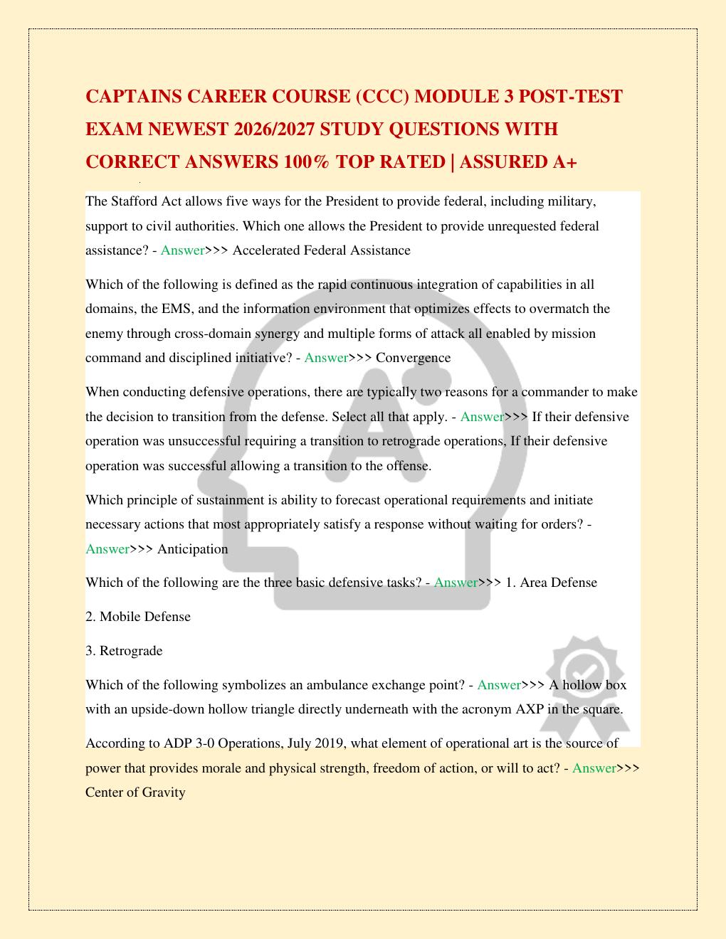 Preview page 2 of CAPTAINS CAREER COURSE (CCC) MODULE 3 POST-TEST EXAM NEWEST 2026/2027 STUDY QUESTIONS WITH CORRECT ANSWERS 100% TOP RATE