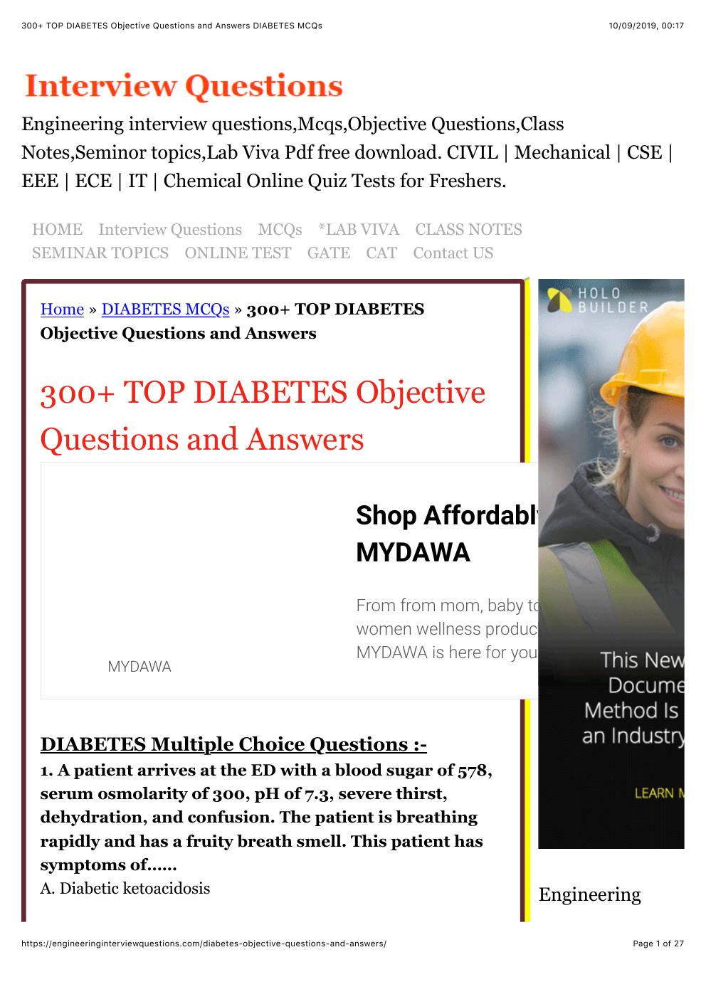 Preview page 2 of 300+ TOP DIABETES Objective Questions and Answers