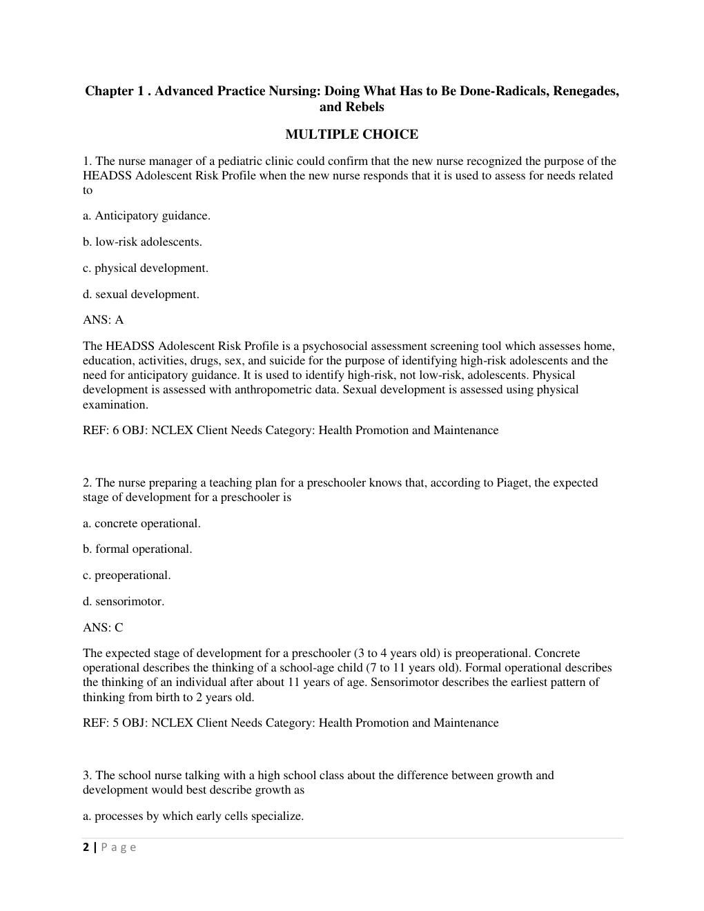 Preview page 2 of Test Bank -Advanced Practice Nursing: Essentials for Role Development 5th Edition by Lucille A. Joel All Chapters A+
