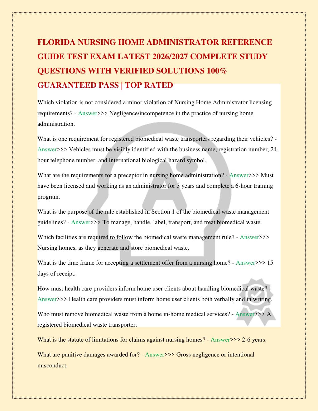 Preview page 2 of FLORIDA NURSING HOME ADMINISTRATOR REFERENCE GUIDE TEST EXAM LATEST 2026/2027 COMPLETE STUDY QUESTIONS WITH VERIFIED SOL