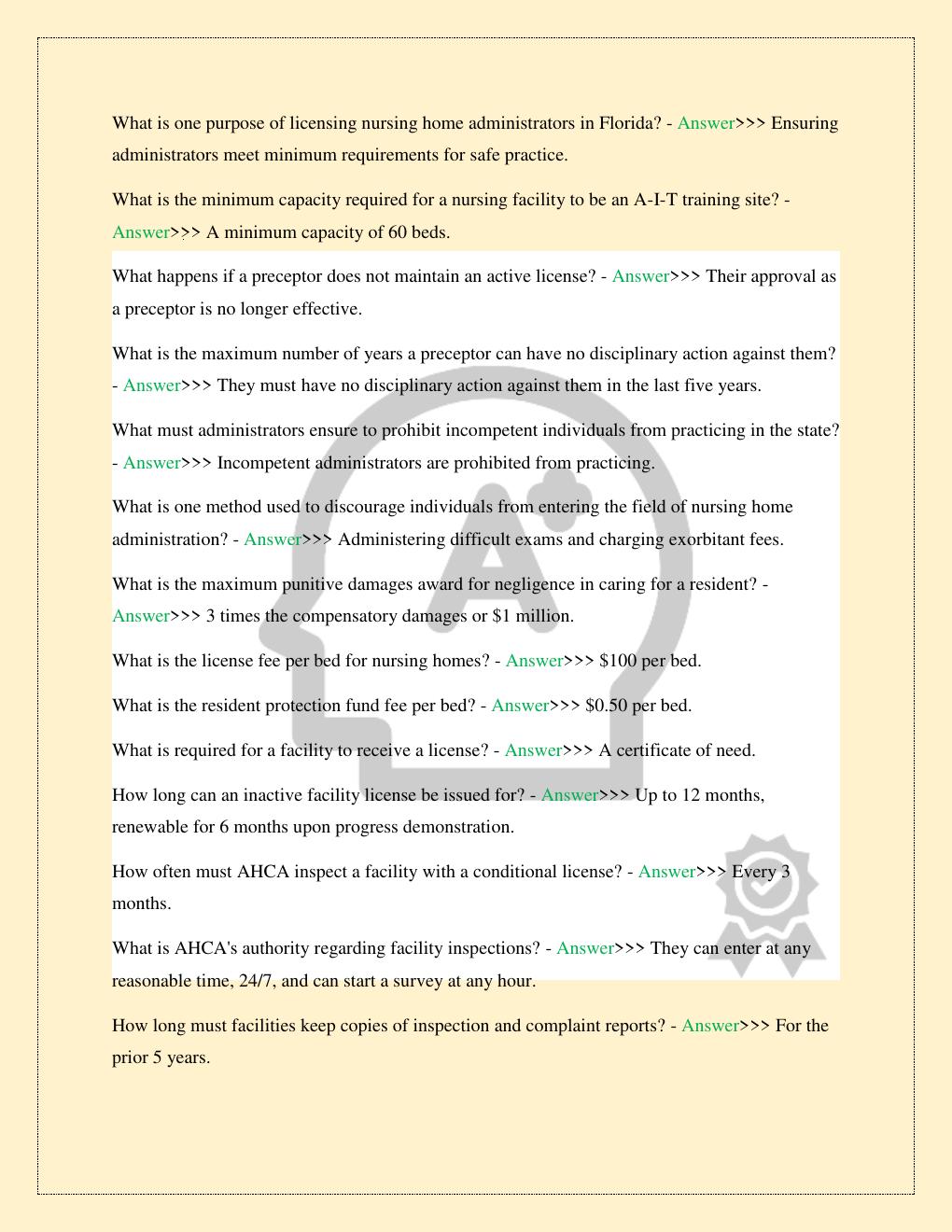 Preview page 3 of FLORIDA NURSING HOME ADMINISTRATOR REFERENCE GUIDE TEST EXAM LATEST 2026/2027 COMPLETE STUDY QUESTIONS WITH VERIFIED SOL