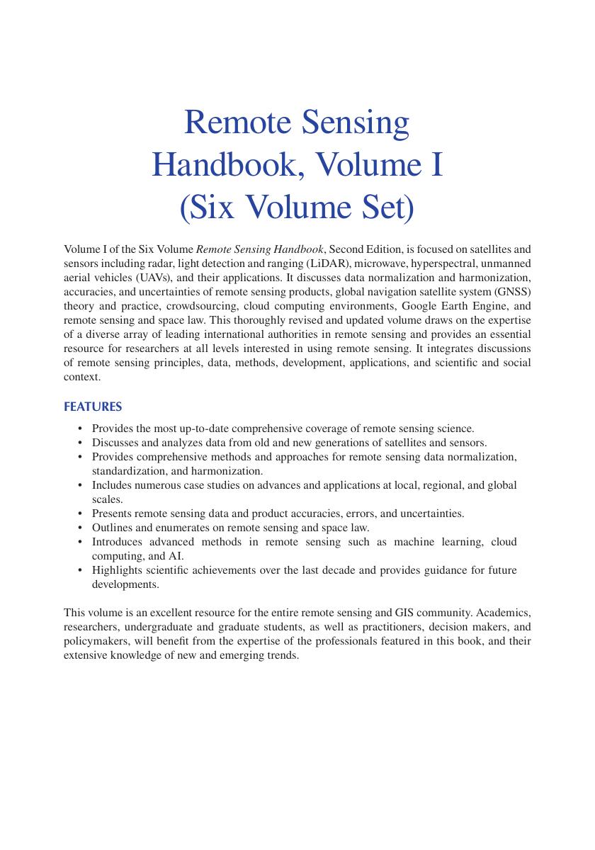 Preview page 3 of Remote Sensing Handbook Sensors Data Normalization Harmonization Cloud Computing and Accuracies 1 Volume 2nd Edition By