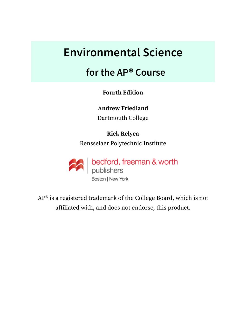 Preview page 2 of Environmental Science for the AP® Course 4th Edition By Andrew Friedland, Rick Relyea