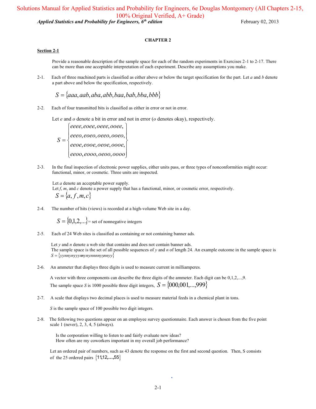Preview page 2 of Applied Statistics and Probability for Engineers, 6th Edition By Douglas Montgomery | Solutions Manual | All Chapters 2-