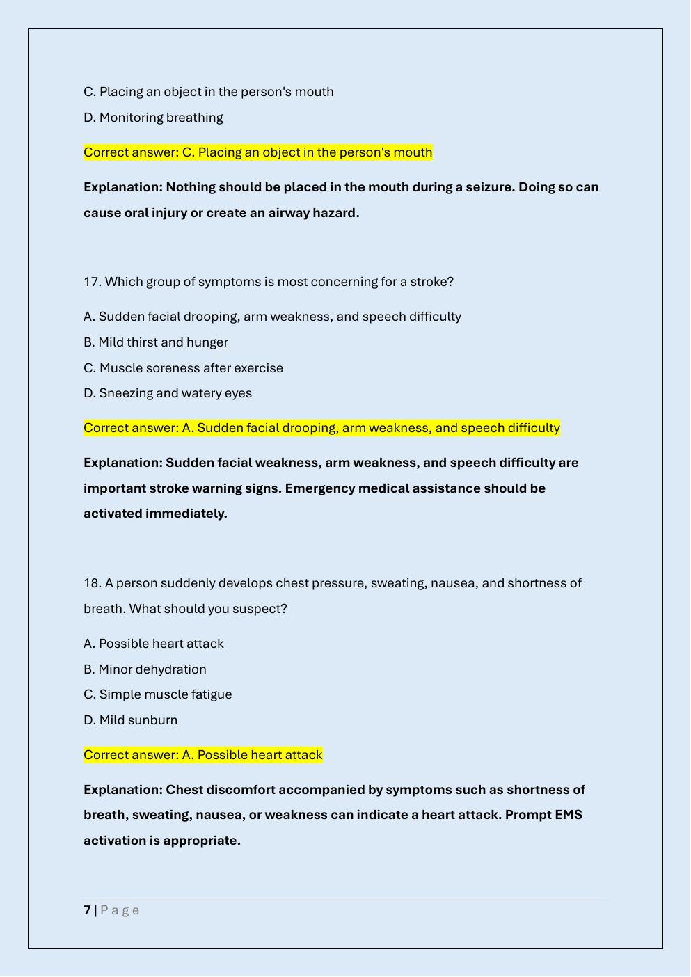 Preview page 7 of WASHINGTON FIRST AID & CPR  CERTIFICATE EXAM PRACTICE