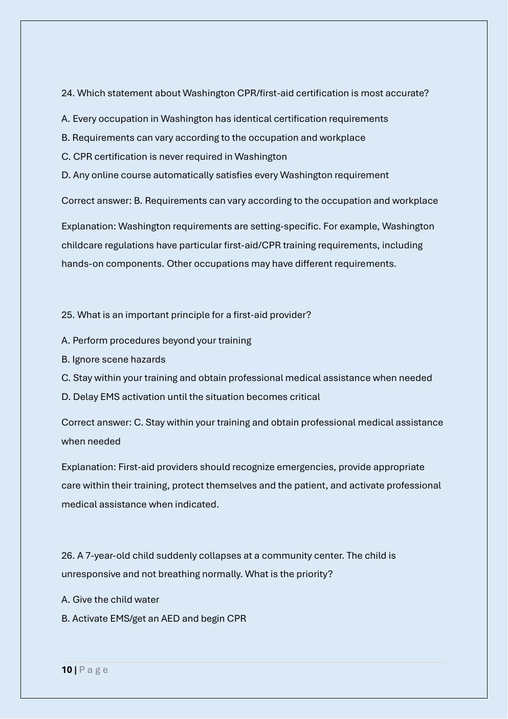 Preview page 10 of WASHINGTON FIRST AID & CPR  CERTIFICATE EXAM PRACTICE