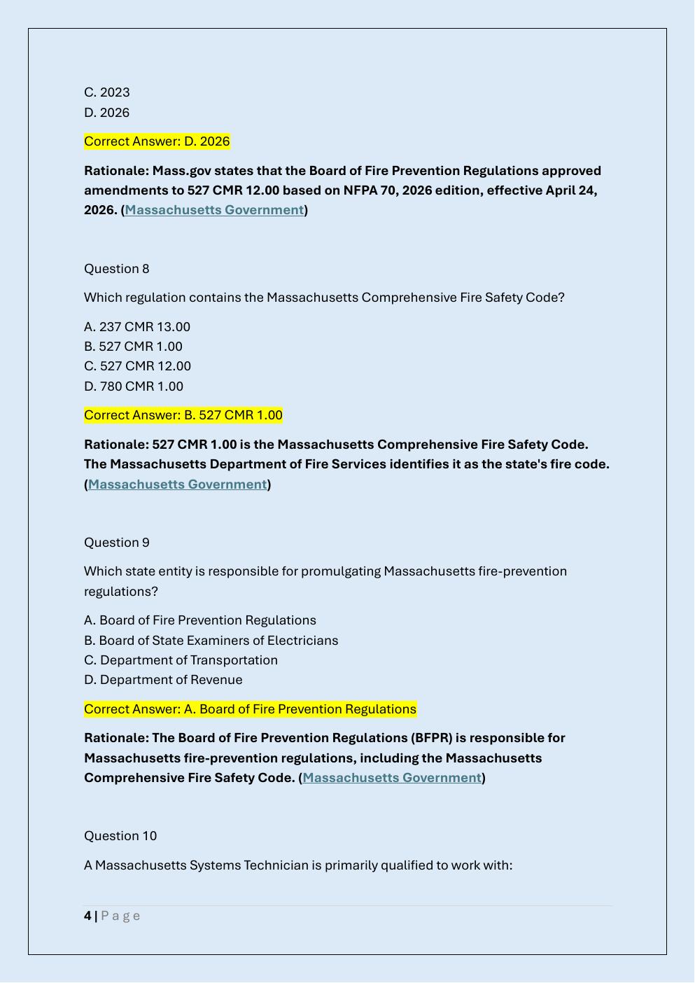 Preview page 4 of MASSACHUSETTS FIRE ALARM SYSTEM  TECHNICIAN EXAM