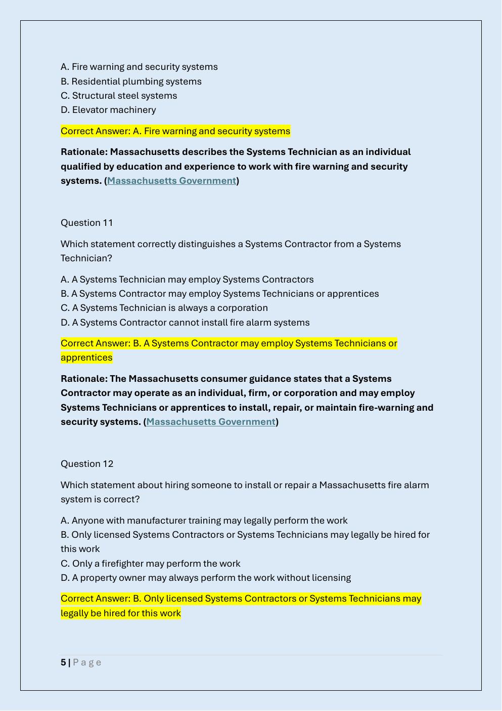 Preview page 5 of MASSACHUSETTS FIRE ALARM SYSTEM  TECHNICIAN EXAM