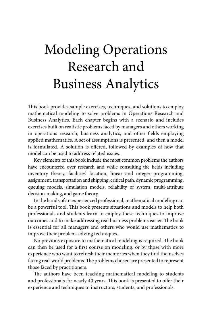 Preview page 3 of Modeling Operations Research and Business Analytics 1st Edition By William Fox, Robert Burks