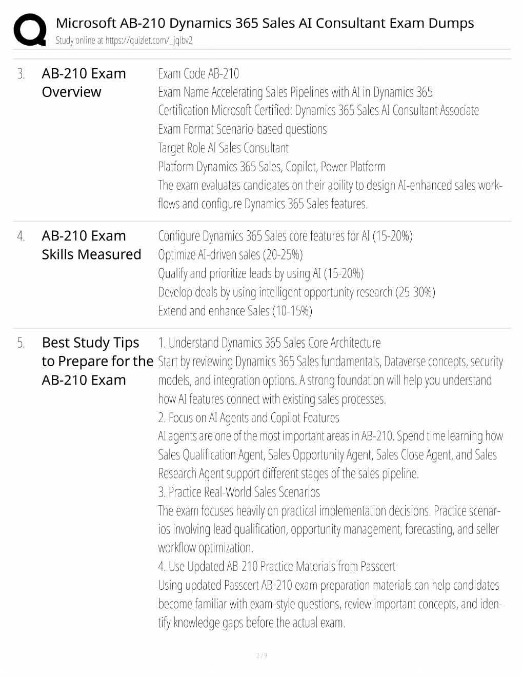 Preview page 2 of Microsoft AB-210 Study Guide / Dynamics 365 Sales AI Consultant Exam / Score 100% / 2025 Update / Exam Prep