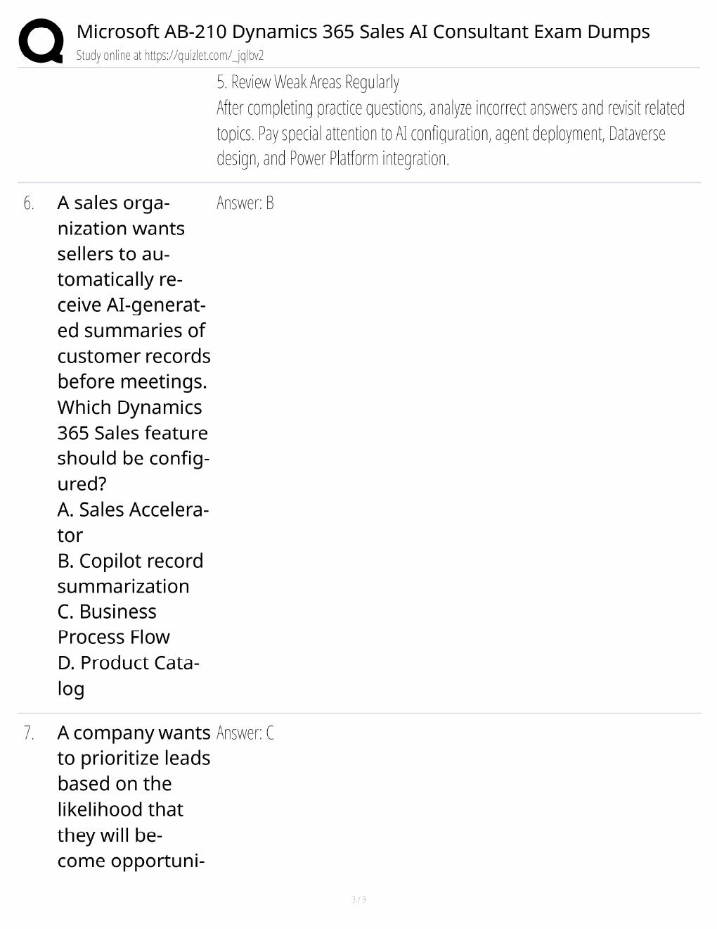 Preview page 3 of Microsoft AB-210 Study Guide / Dynamics 365 Sales AI Consultant Exam / Score 100% / 2025 Update / Exam Prep
