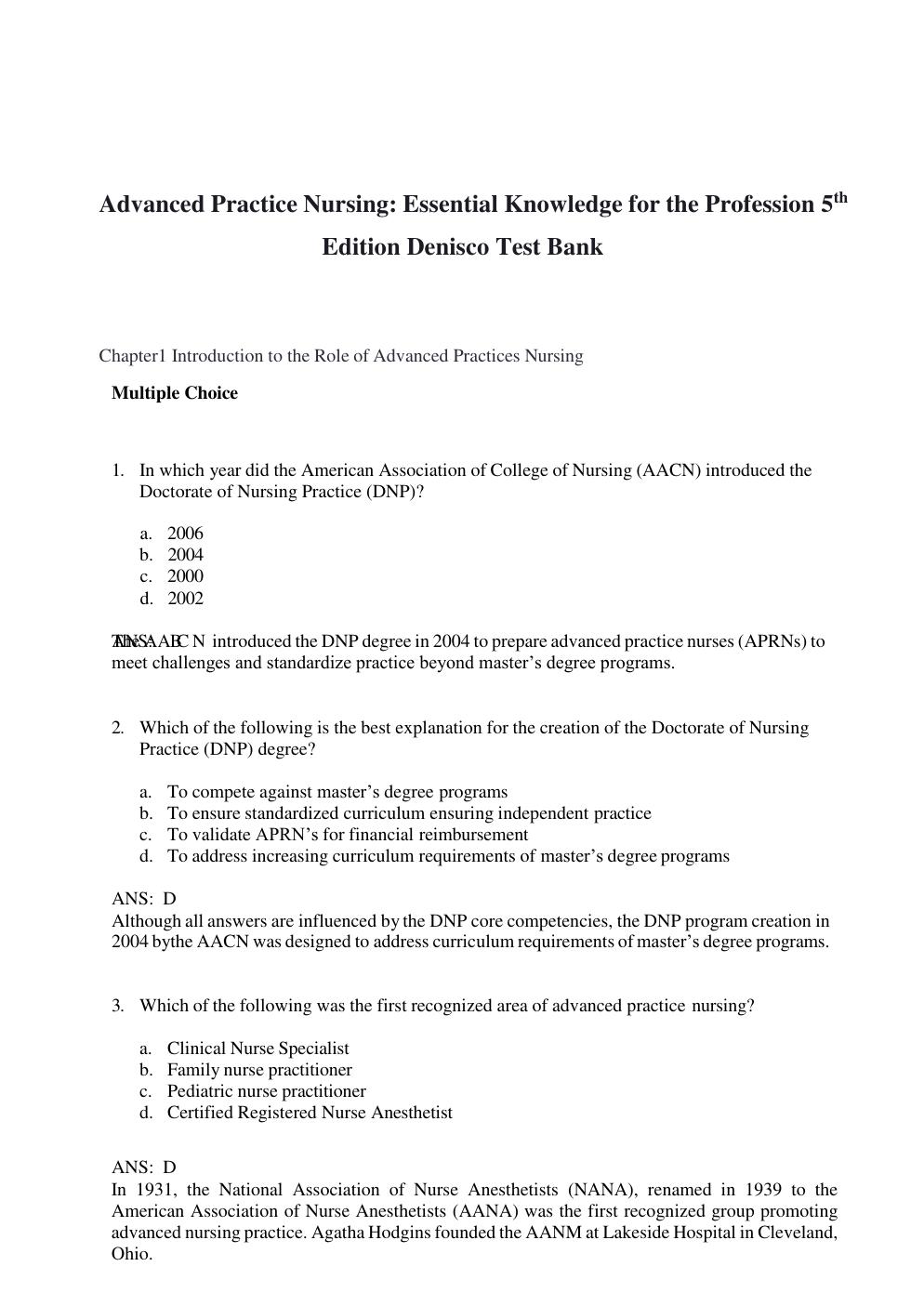 Preview page 2 of Test Bank For Advanced Practice Nursing: Essential Knowledge for the Profession 5th Edition By Denisco